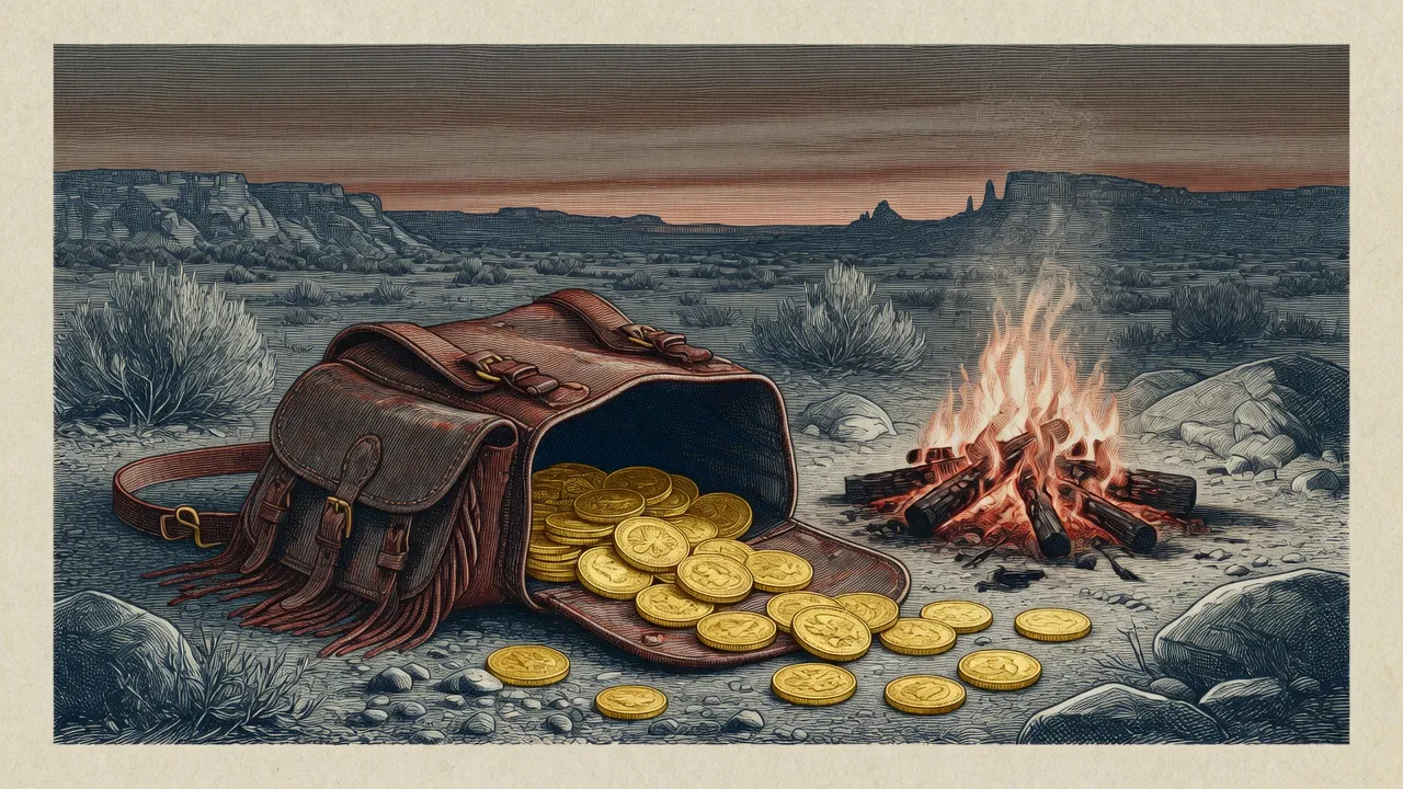 Saddlebag spilling gold coins by a campfire