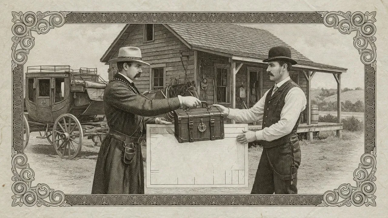 Stagecoach depot handing over a strongbox